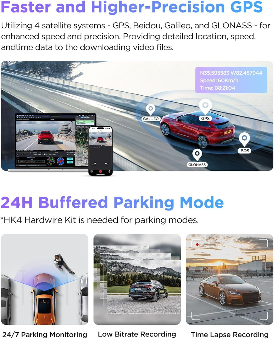 A229 Pro 4K HDR Dash Cam, Dual STARVIS 2 Sensörler, 5GHz Wi-Fi, GPS, 24 Saat Park İzleme