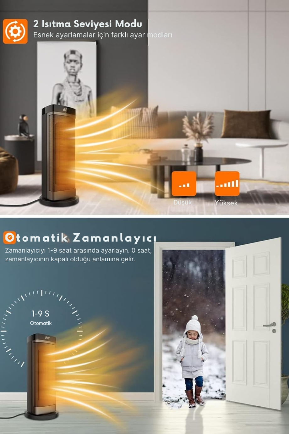 20 Inc Elektrikli Isıtıcı, 1500W Hızlı Isıtma Teknolojisi, Termostatlı, 70° Açı