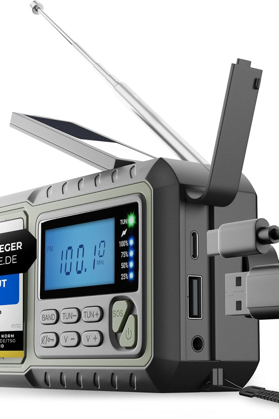 Deprem ve Acil Durum Radyosu, Kranklı, Güneş Enerjili, 5000 mAh Pil, AM/FM/SW Destekli, El Feneri ve USB Şarj Cihazı