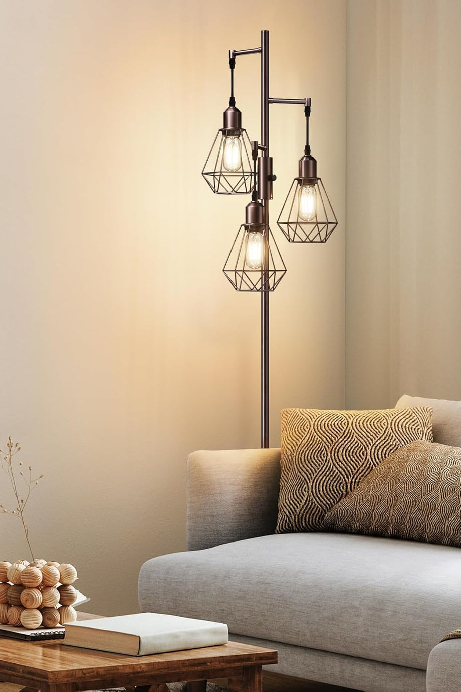 3 Başlıklı Dimlenebilir Retro Ayaklı Lamba E27 LED, Kafes Şapkalı, 166 cm