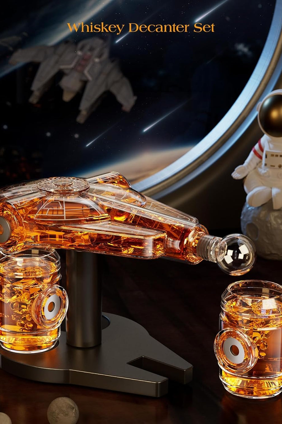 Uzay Gemisi Viski Karaf Seti 2 Manyetik Meşe Kadeh, Ahşap Stand, Sci-Fi Temalı Hediye
