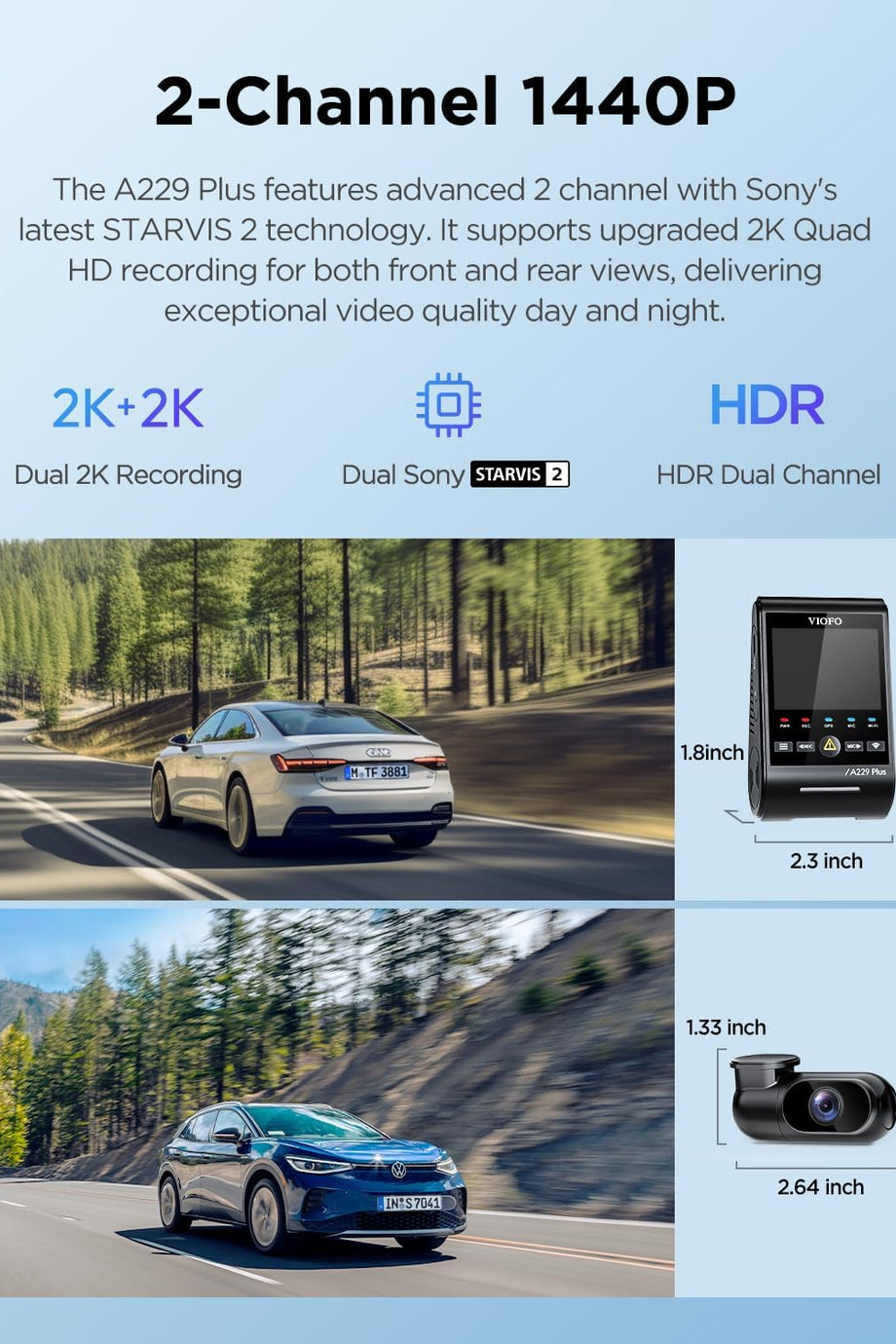 A229 Plus 1440P+1440P Dual Dash Cam, Sony STARVIS 2 Sensörler, 5GHz Wi-Fi, GPS, Sesli Kontrol