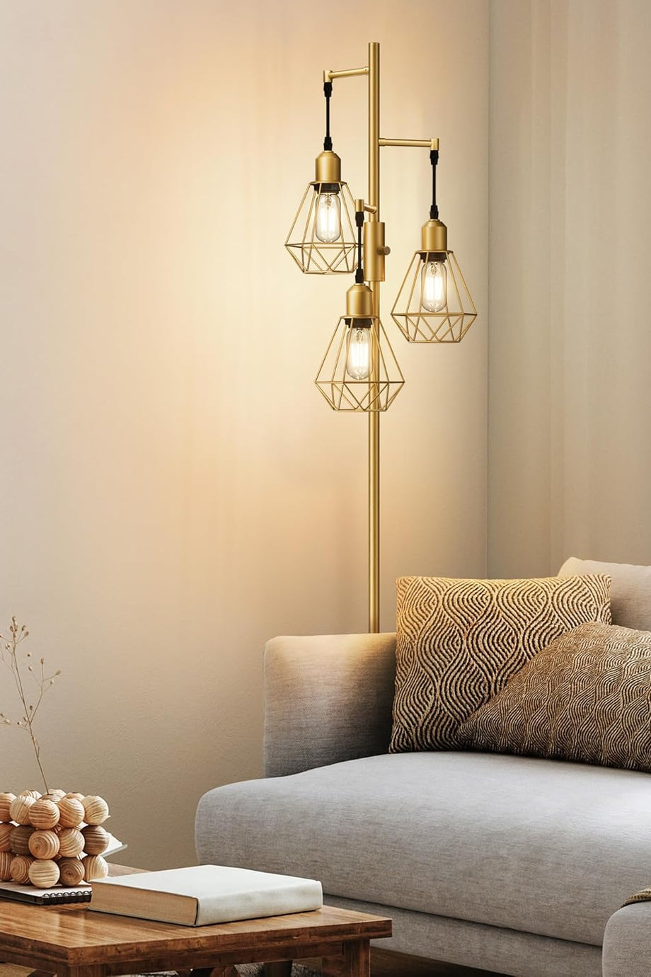 3 Başlıklı Dimlenebilir Retro Ayaklı Lamba E27 LED, Kafes Şapkalı, 166 cm