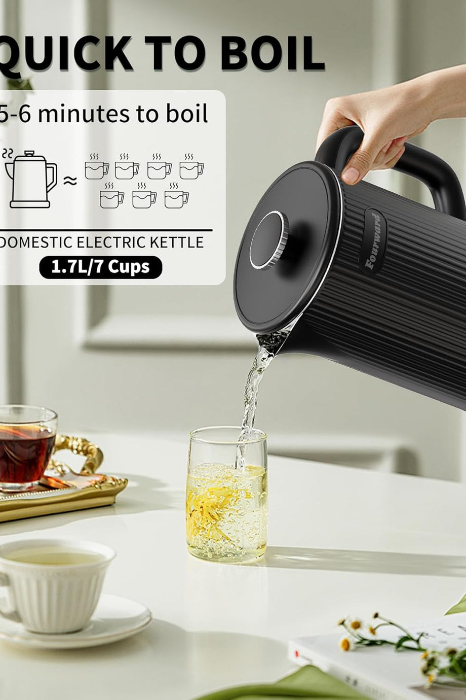 1.7L Paslanmaz Çelik Su Isıtıcısı 2200W Hızlı Kaynatma, Çift Duvarlı, BPA İçermez