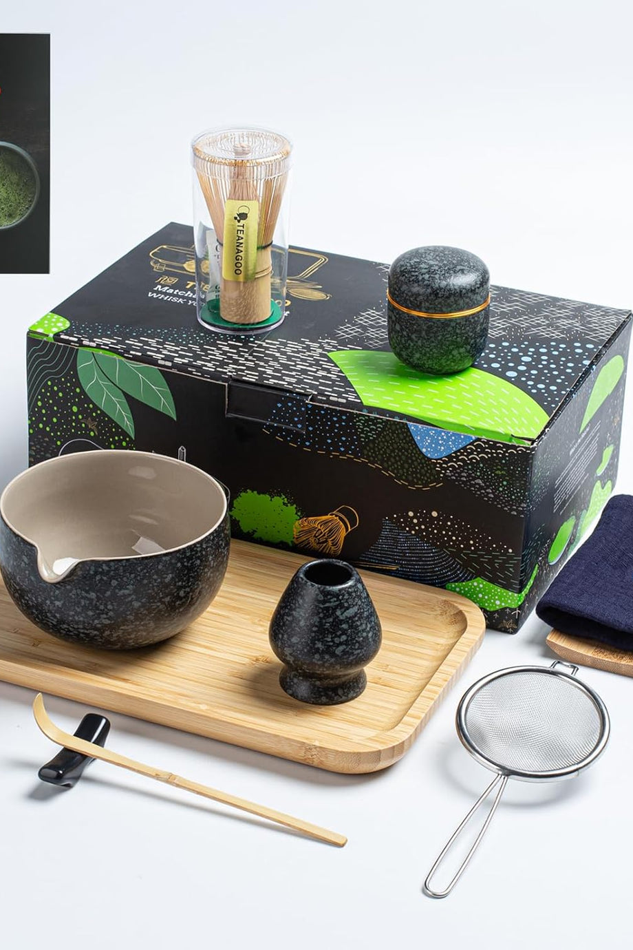 Matcha Seti 10 Parça, Tepsi, Dökme Ağızlı Kase, Bambu Çırpıcı ve Seramik Aksesuarlarla Geleneksel Matcha Seti