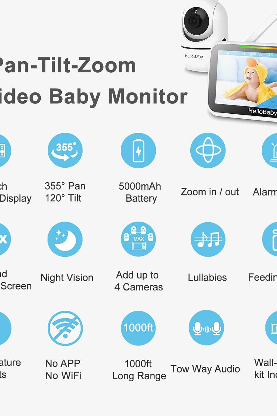 Video Bebek Monitörü, 5 İnç Split Ekran, 30 Saat Pil Ömrü, 355° Pan-Tilt-Zoom, Gece Görüşü