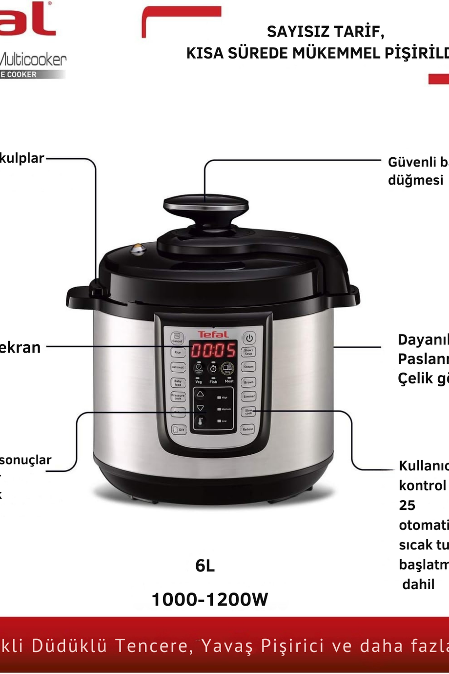 All-in-One Elektrikli Düdüklü Çok Amaçlı Tencere, 6 Kişilik, 6L