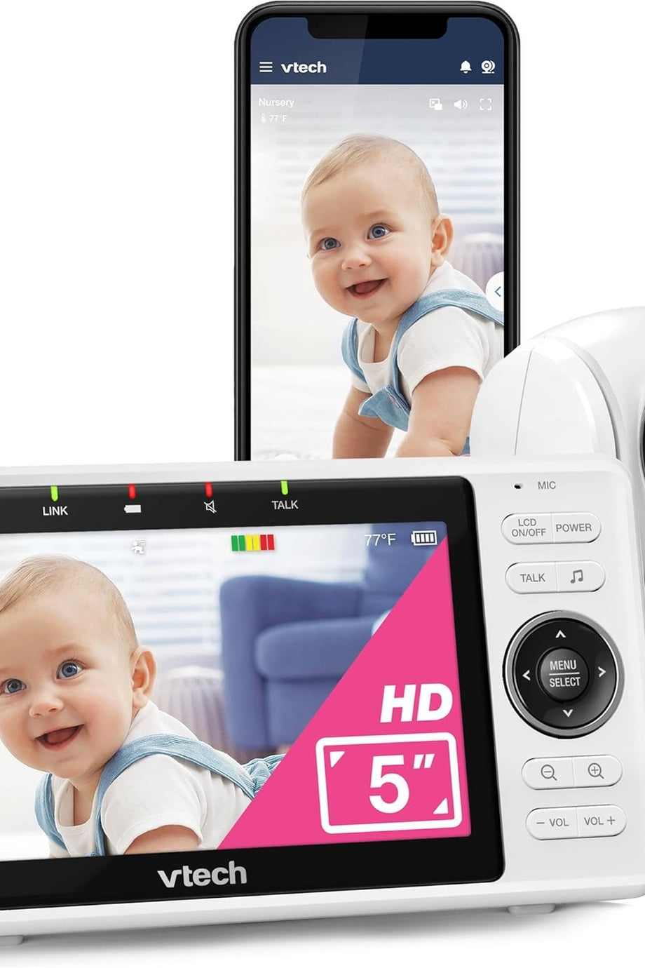 VM901-1W Akıllı Bebek Monitörü, 5 İnç HD Ekran, 1080P Tilt/Swivel Kamera, 120° Geniş Açı