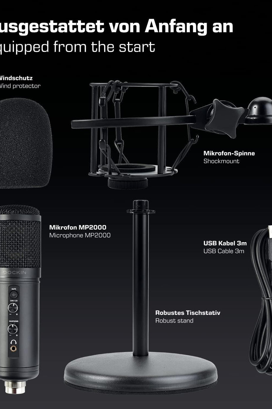 MP2000 USB Mikrofon, PC ve Mac için 16-bit 48kHz, Sıfır Gecikmeli Monitörlü, Ledli Tripodlu Mikrofon