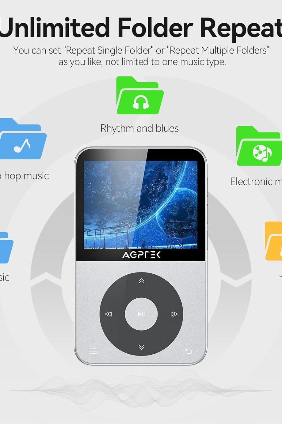 64GB Bluetooth 5.3 MP3 Çalar, 2.3" Ekranlı, FM Radyo ve Kayıt Özellikli, Gümüş Renk