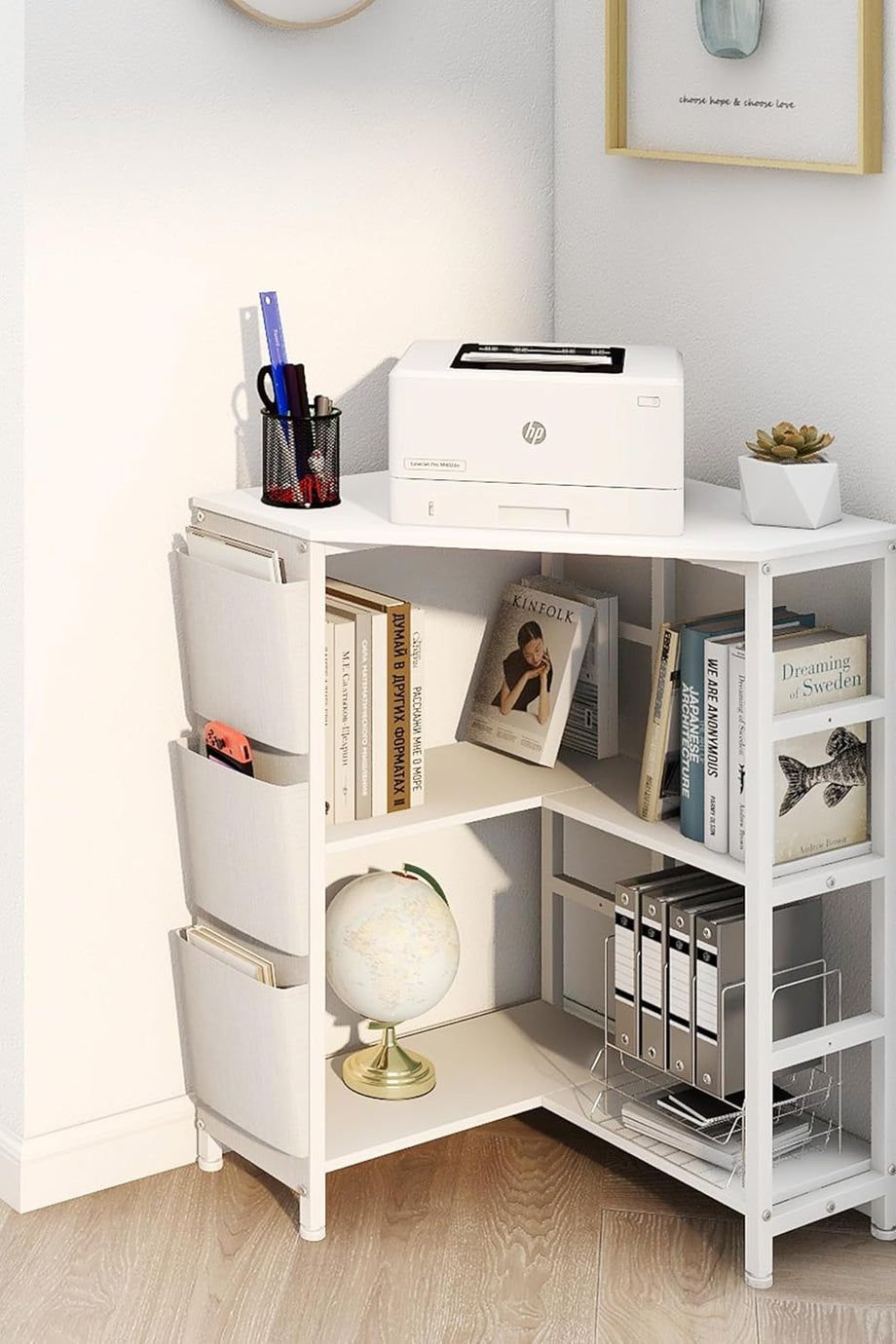 3 Katlı Köşe Yazıcı Masası, USB & Prizli Şarj İstasyonlu, Ayarlanabilir Ayaklı