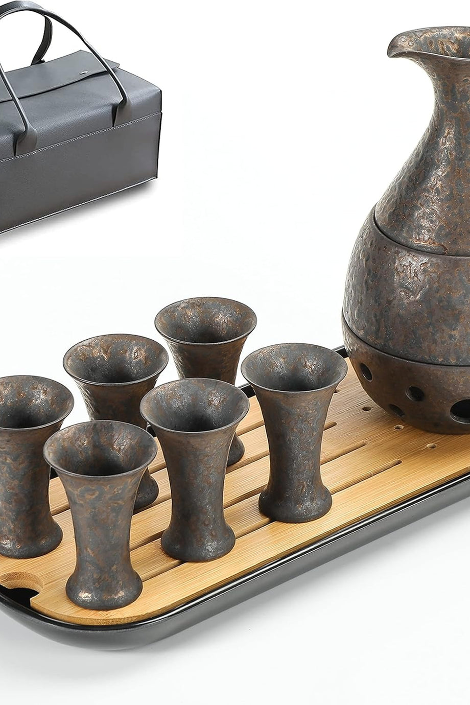 10 Parça Japon Sake Seti 170 ml Karaf 6 Fincan Tepsi ve Isıtıcılı Hediye Seti