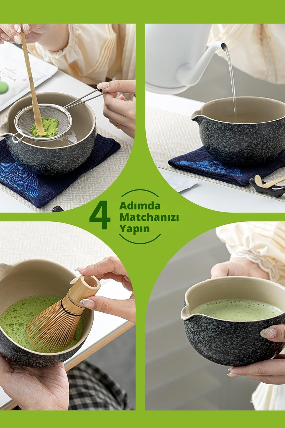 9 Parça Matcha Seti - Bambu Whisk, Matcha Kasesi, Çay Süzgeci ve 2 Kupa ile Gelen Çay Hazırlama Seti