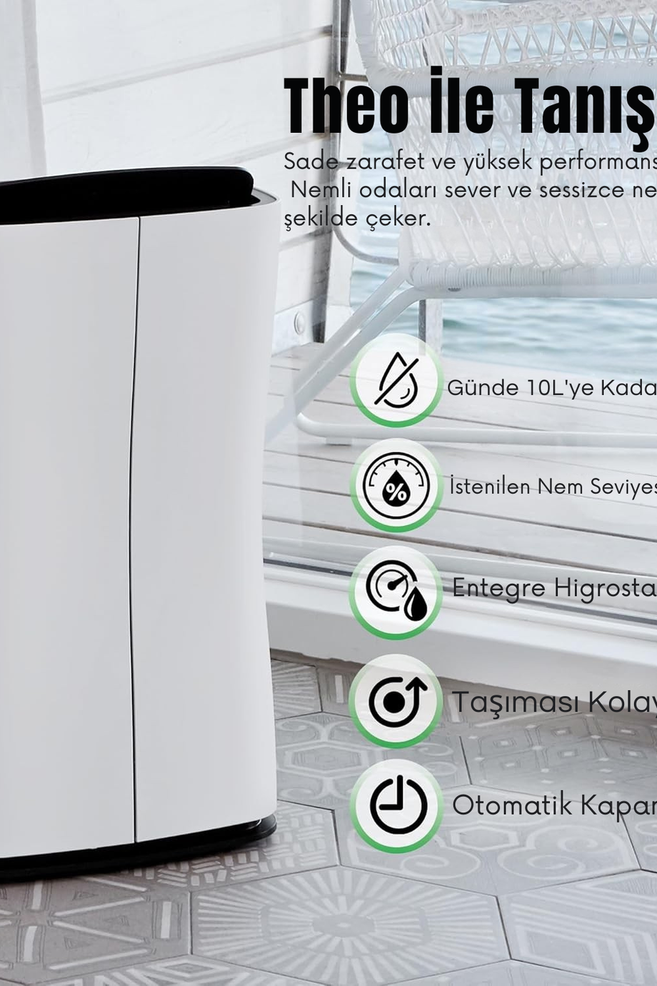 Theo Nem Alma Cihazı, 10L Günlük Kapasite, 40m²+ Alanlar için, Otomatik Kapanma, Zamanlayıcılı