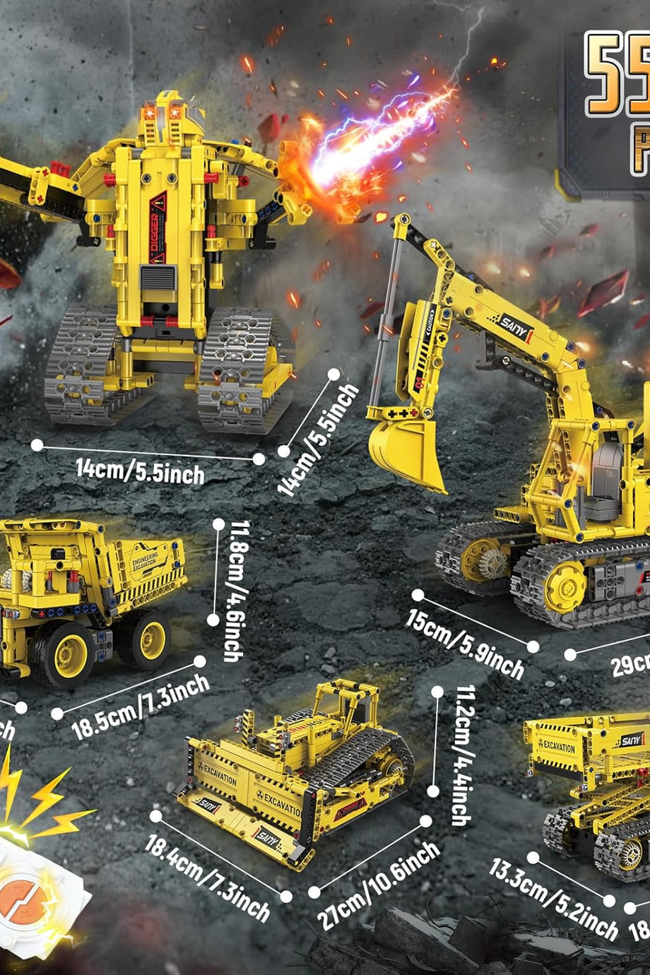 Technik Uzaktan Kumandalı 5'i 1 Arada Robot Oyuncağı, Kazıcı, Buldozer ve Forklift