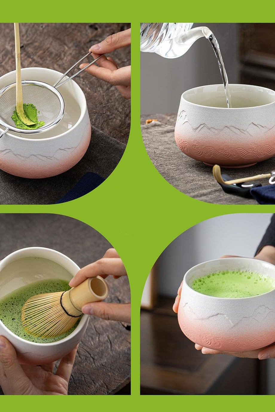 Japon Matcha Seti 7 Parça, Pembe Seramik Kase, Bambu Çırpıcı ve Kaşık ile Geleneksel Matcha Çay Seti
