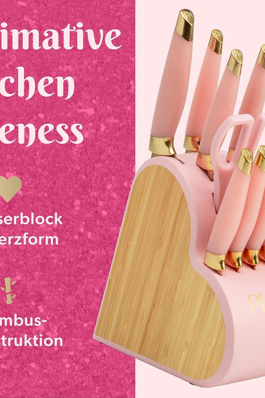 10 Parçalı Bıçak Seti, Paslanmaz Çelik, Bambu Bloklu, Pembe Renkli