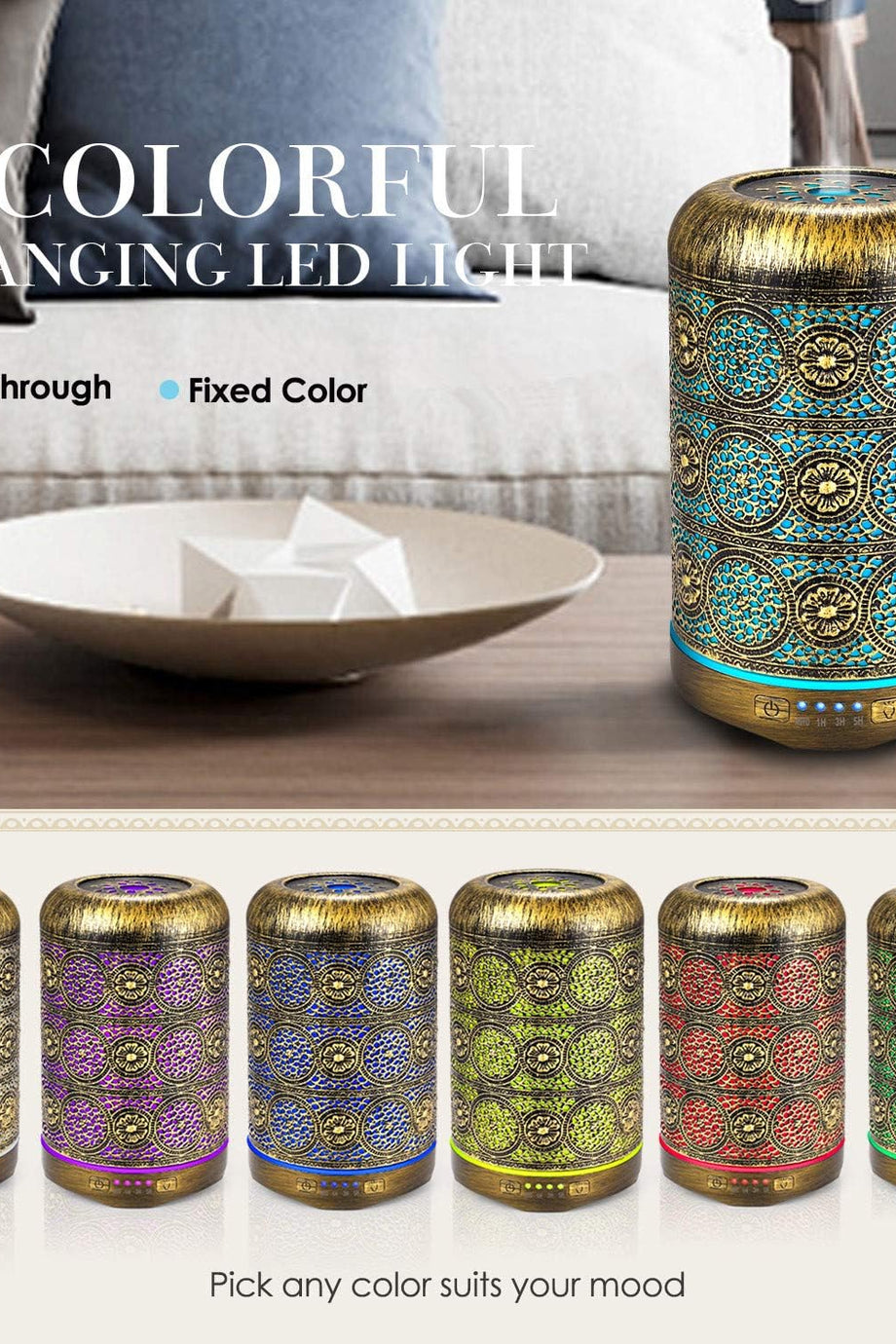 260ml Metal Aroma Difüzörü, 7 Renk Işık, Otomatik Kapanma, Esansiyel Yağlar İçin