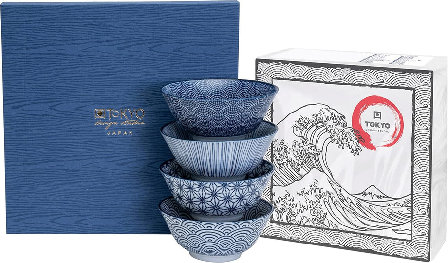 TOKYO Tasarım Stüdyosu Nippon Blue 4’lü Kase Seti – Mavi/Beyaz Japon Desenli Porselen, 15 cm, 500 ml, Hediye Kutulu
