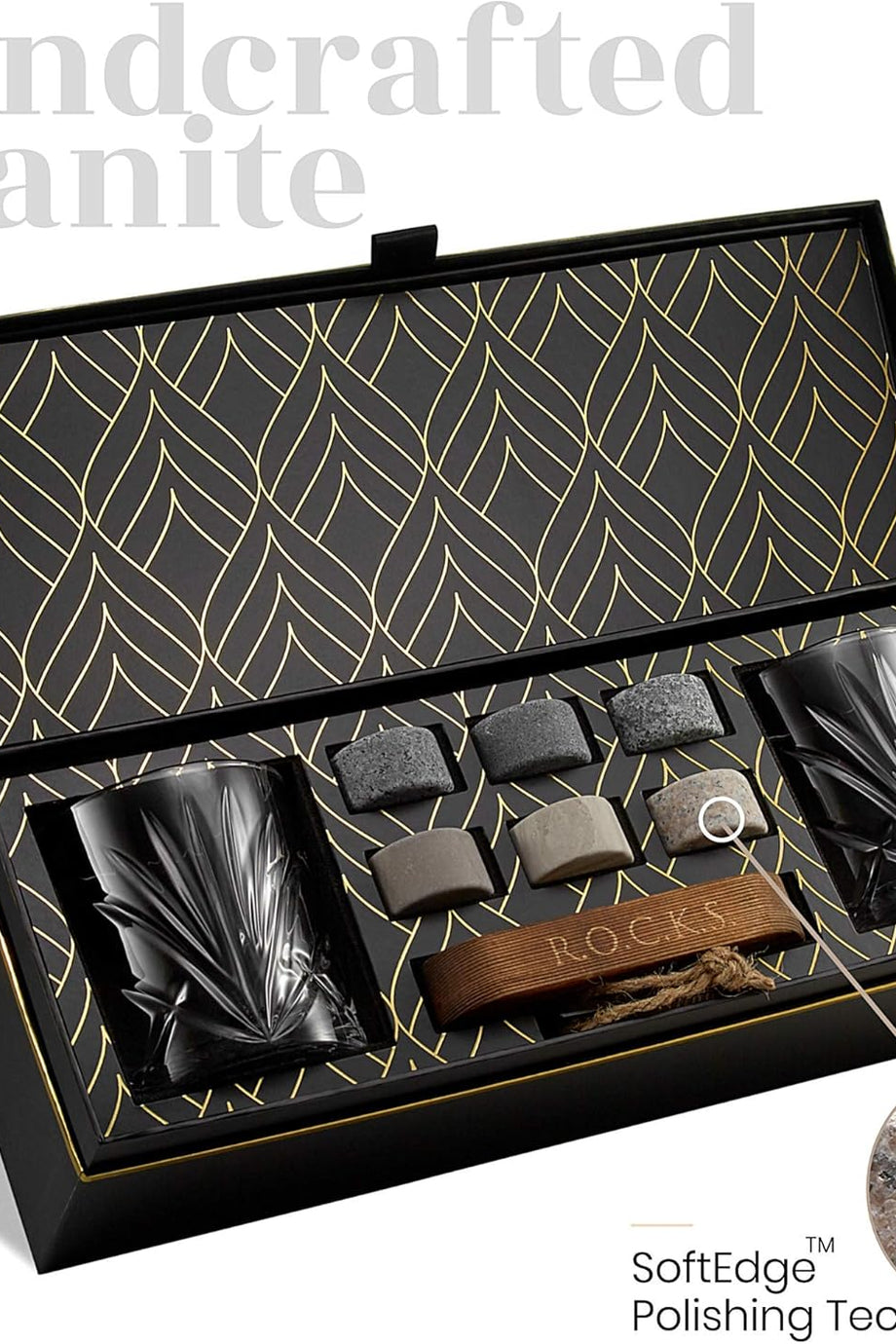 Rocks Viski Seti, 6 El Yapımı Yuvarlak Granit Taş, 2 Kristal Bardak