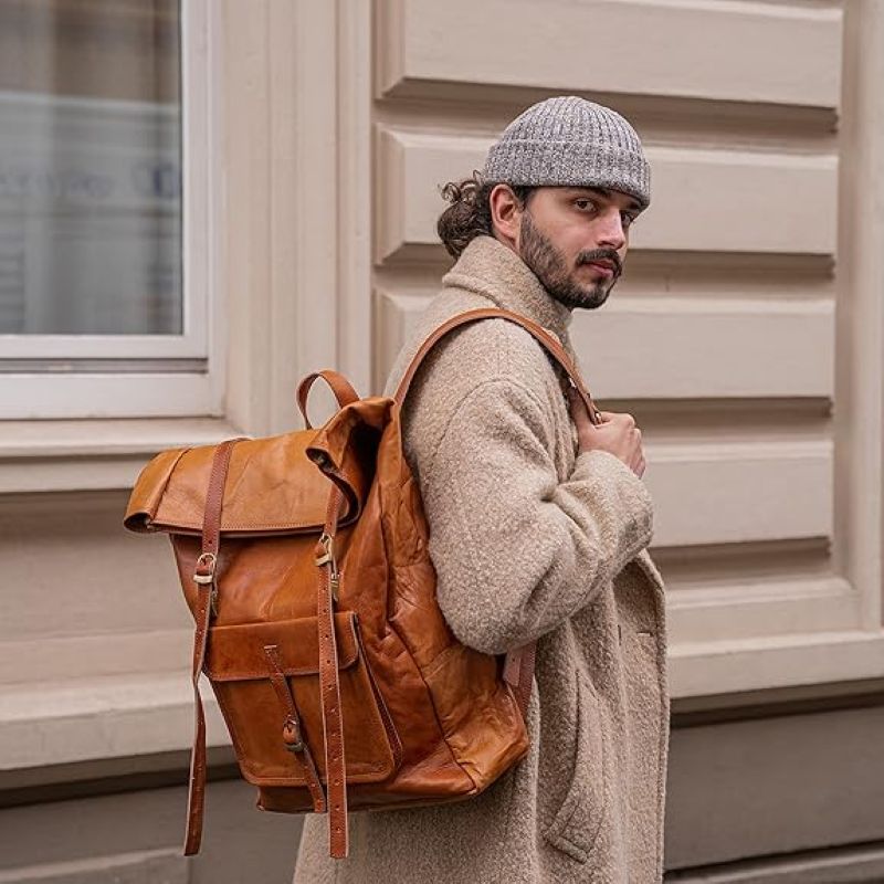 Leeds Deri Bisiklet Sırt Çantası XL Laptop Bölmeli Su Geçirmez Rolltop Kahverengi