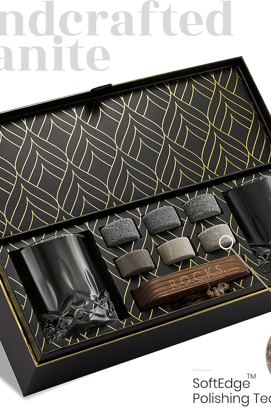 Viski Taşları Seti, 6 El Yapımı Granit Taş, 2 Kristal Bardak, Ahşap Sunum Tepsisi ve Altın Varaklı Hediye Kutusu