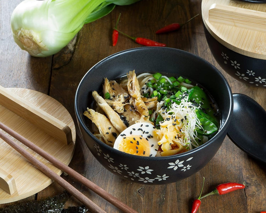 20 Parça Ramen Kase Seti,4 Kişilik, 600 ml Seramik Kase, Bambu Kapak, Kaşık ve Çubuklar