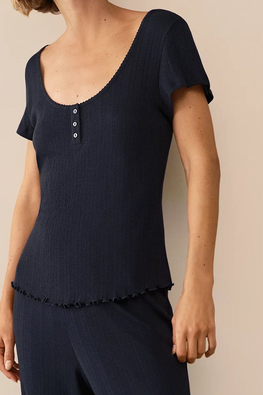 Pointelle Yuvarlak Yakalı Pijama Üstü