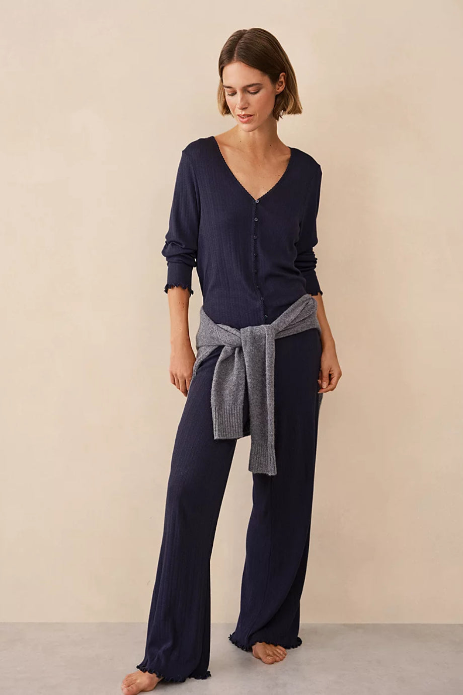 Pointelle Uzun Kadın Pijama Üstü