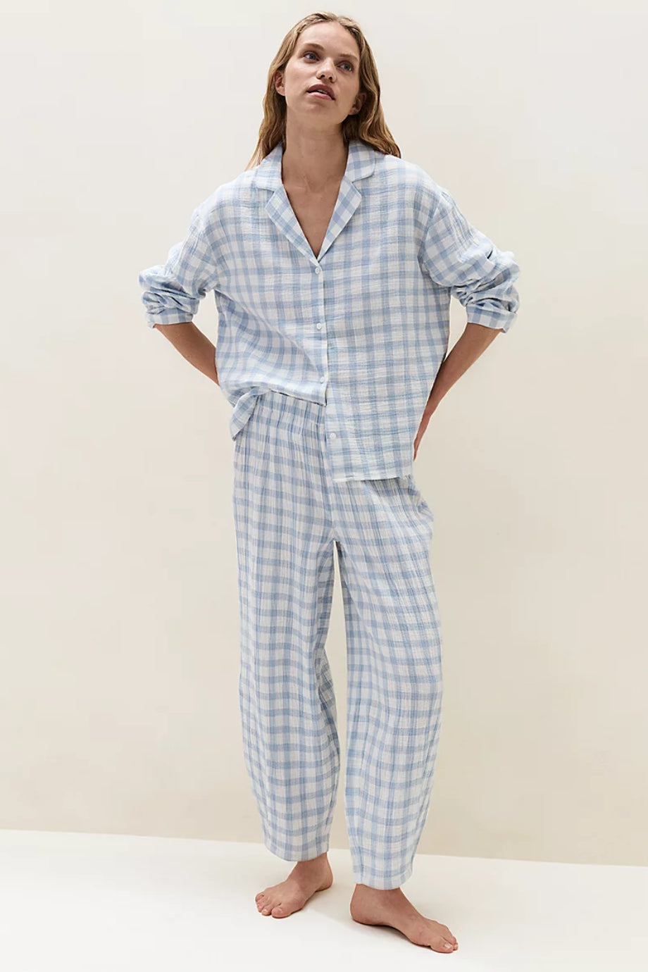 Organik Pamuk Kareli Barrel Paça Kadın Pijama Takımı