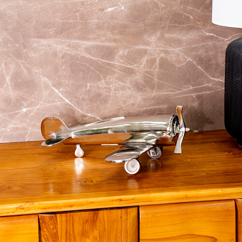 Aurum Gümüş Renkli Metal Uçak Dekoru 35 cm, Klasik Tasarım