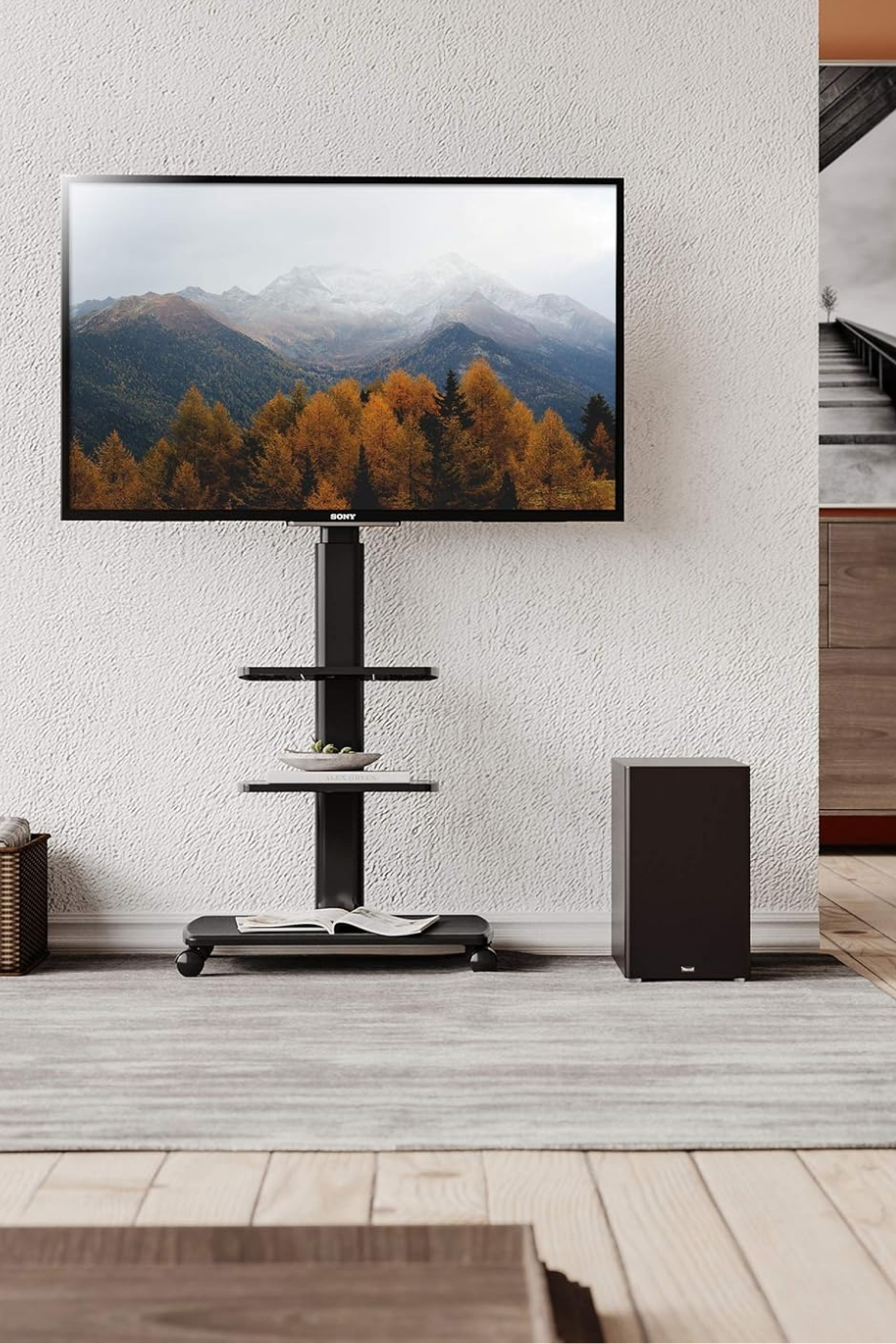 Tekerlekli ve Ahşap Tabanlı Siyah TV Sehpası, 32-65 inç LCD LED Düz ve Kavisli Ekranlar için