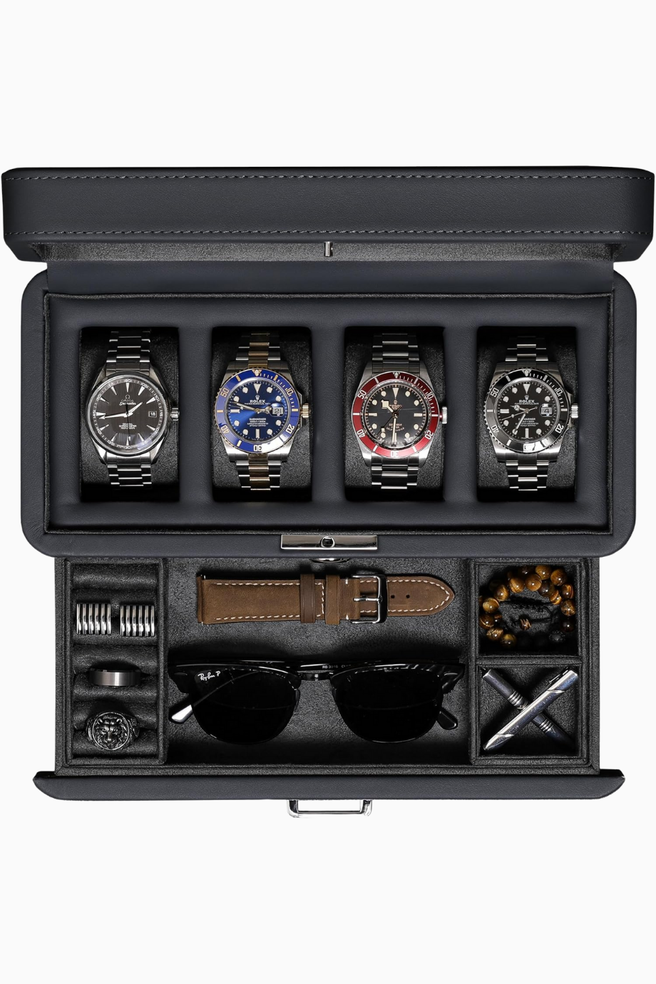 4 Yuvalı Deri Saat Kutusu ve Çekmeceli Takı Düzenleyici, Zamansız Ve Şık Görünüm
