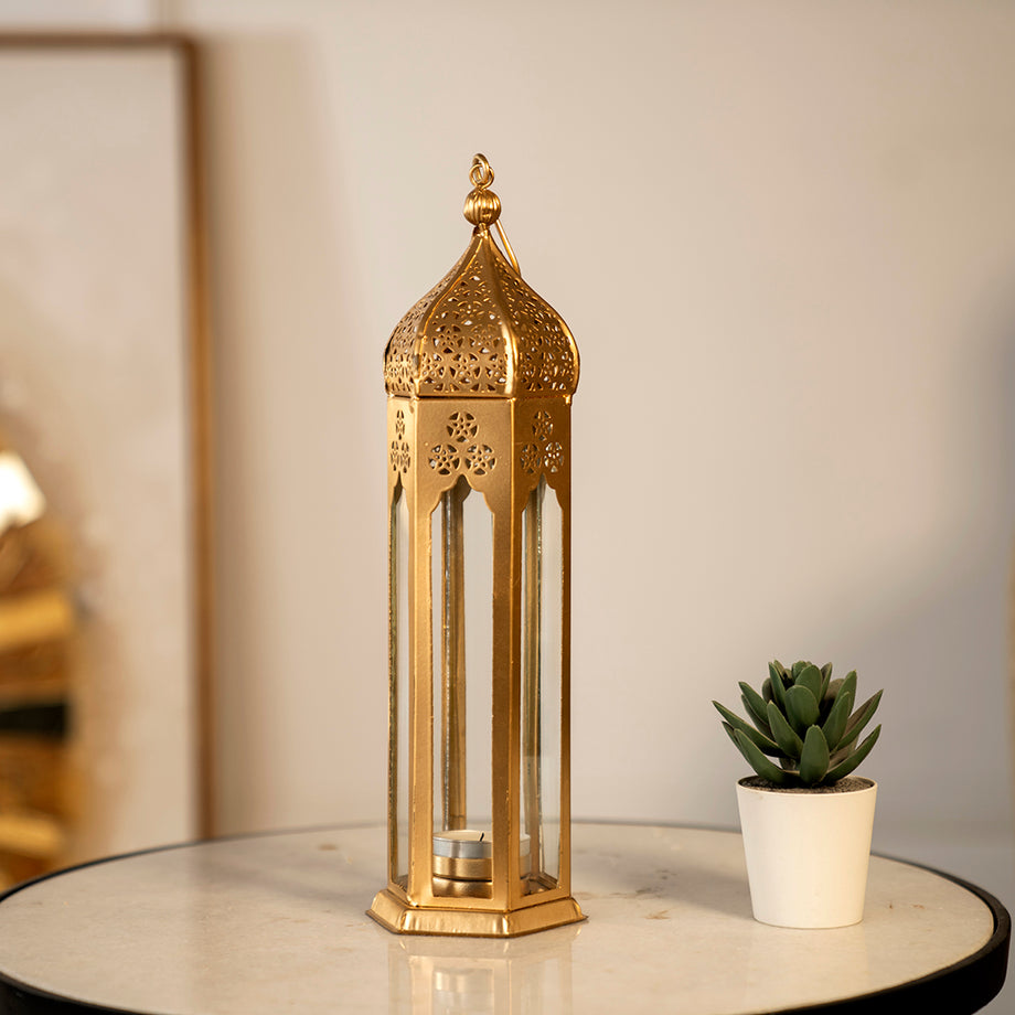 Chloe Altın Metal ve Cam Fas Feneri 30 cm, Modern Tasarım