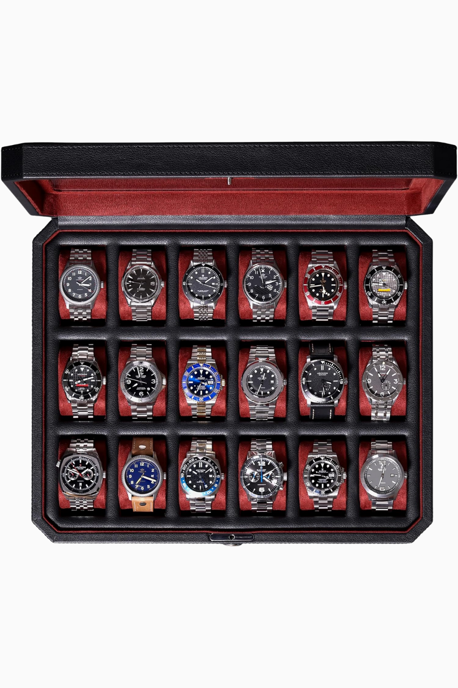 18 Bölmeli Lüks Saat Kutusu,Cam Kapaklı, Kilitlenebilir, Erkek Saat Koleksiyon Kutusu