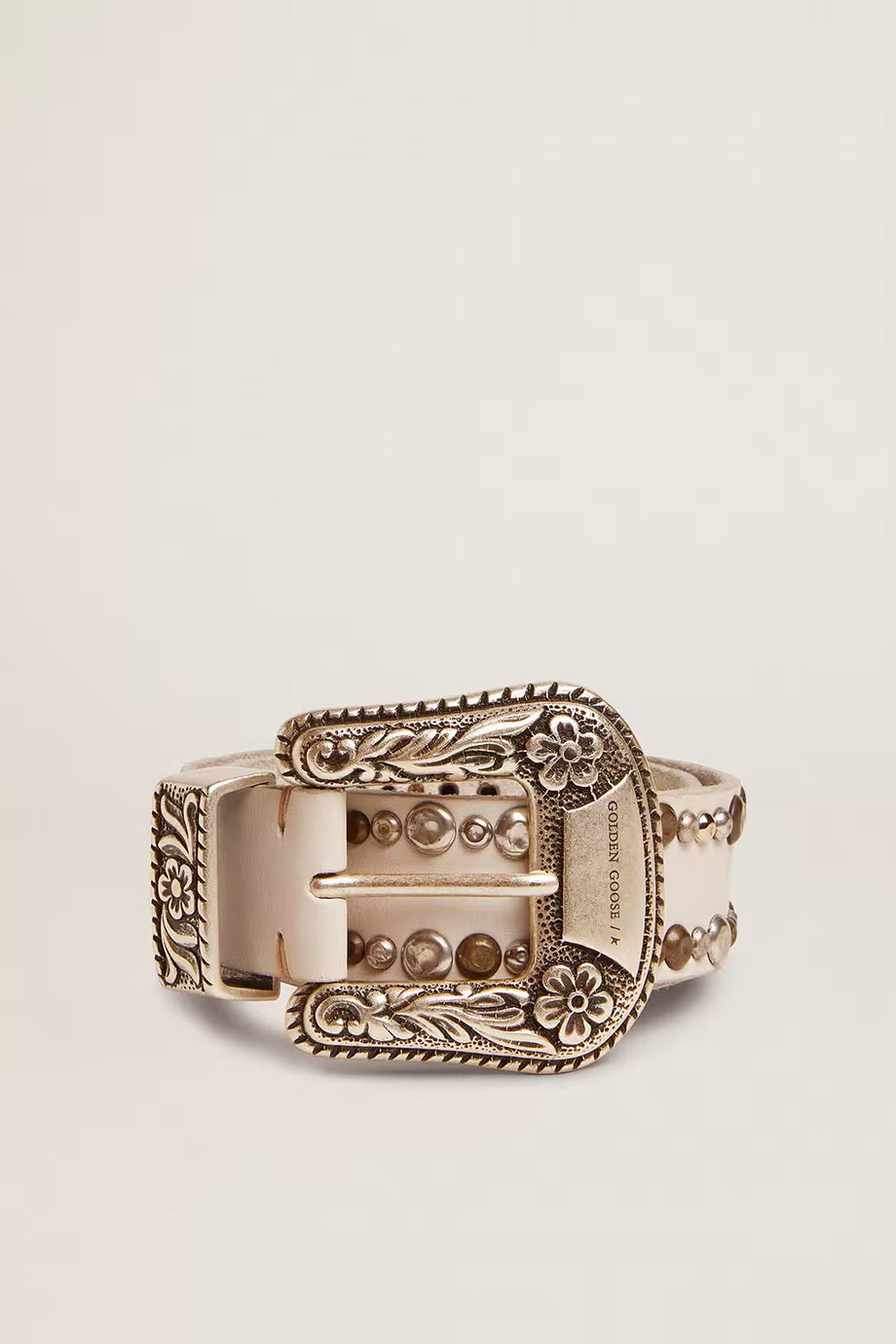 Renkli Çivili ve Süslemeli Tokalı Beyaz Deri Kadın Kemer