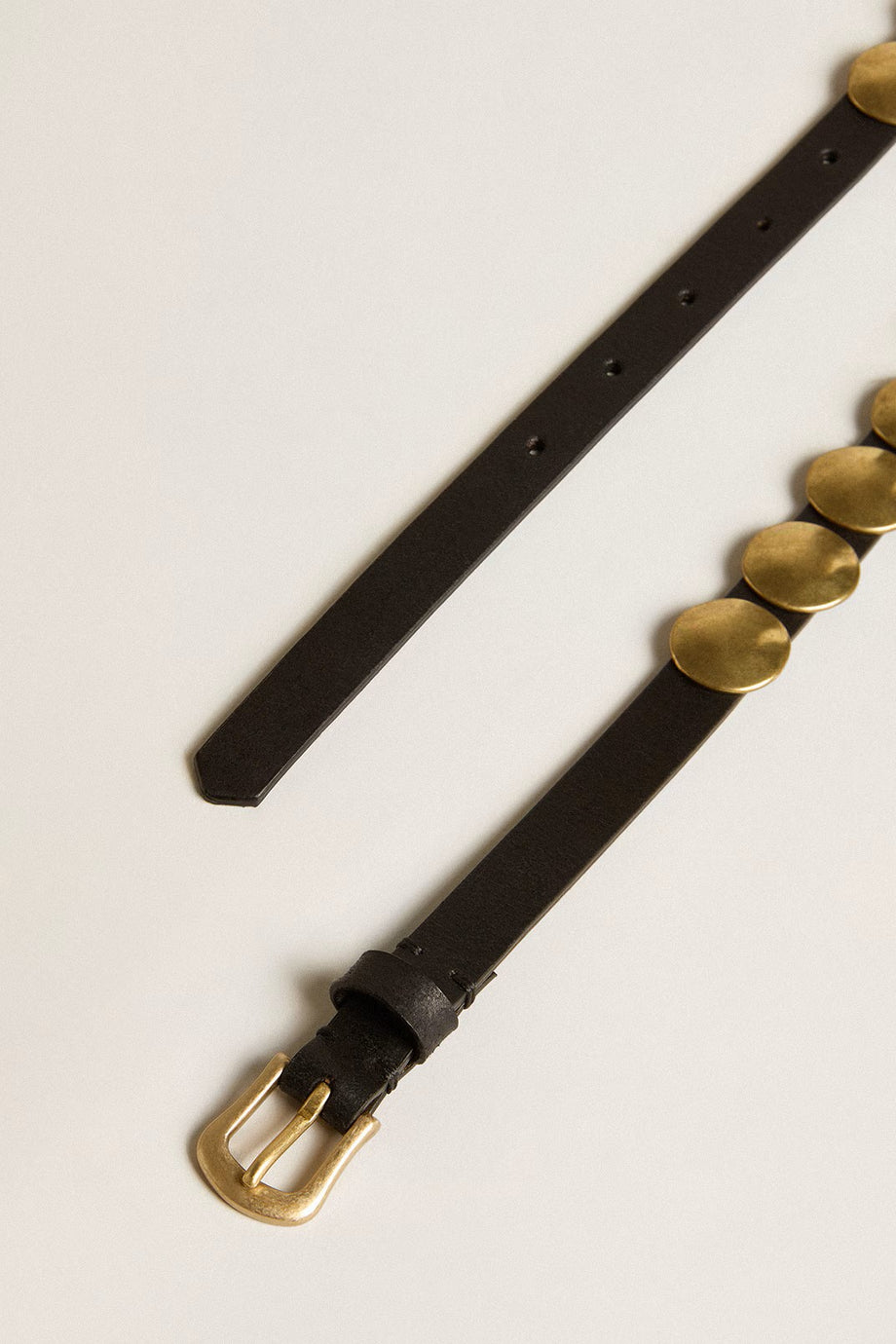 Kadın Siyah Yıkamalı Deri Kemer Altın Renkli Zımbalı, İtalyan Üretim