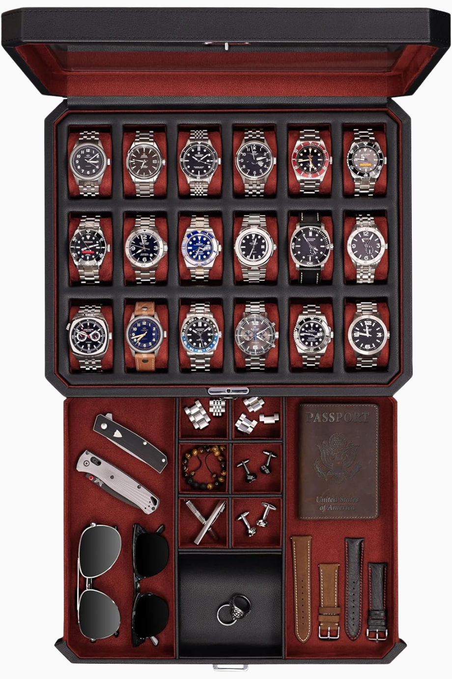 18 Yuvalı Lüks Çekmeceli Saat Kutusu, Kilitli, Cam Üst, 2025 Yeni Sürüm