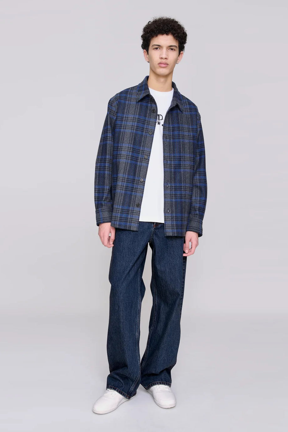 Bobby Gri–Mavi Ekoseli Lüks İtalyan Yün Üst Erkek Gömlek