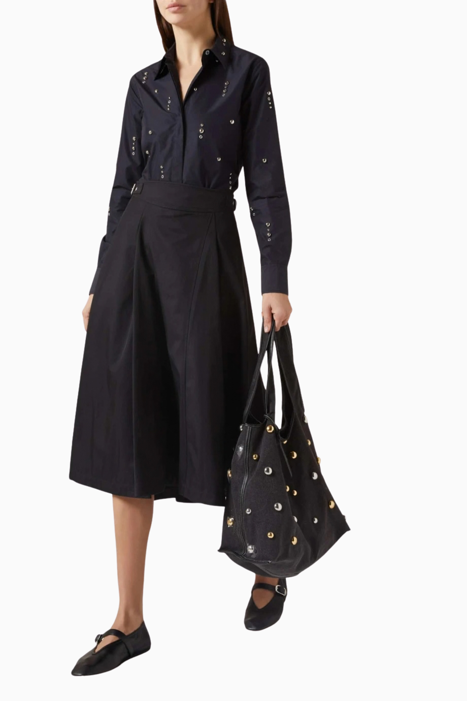 Lim Stud Detaylı, Poplin Kadın Gömlek Siyah