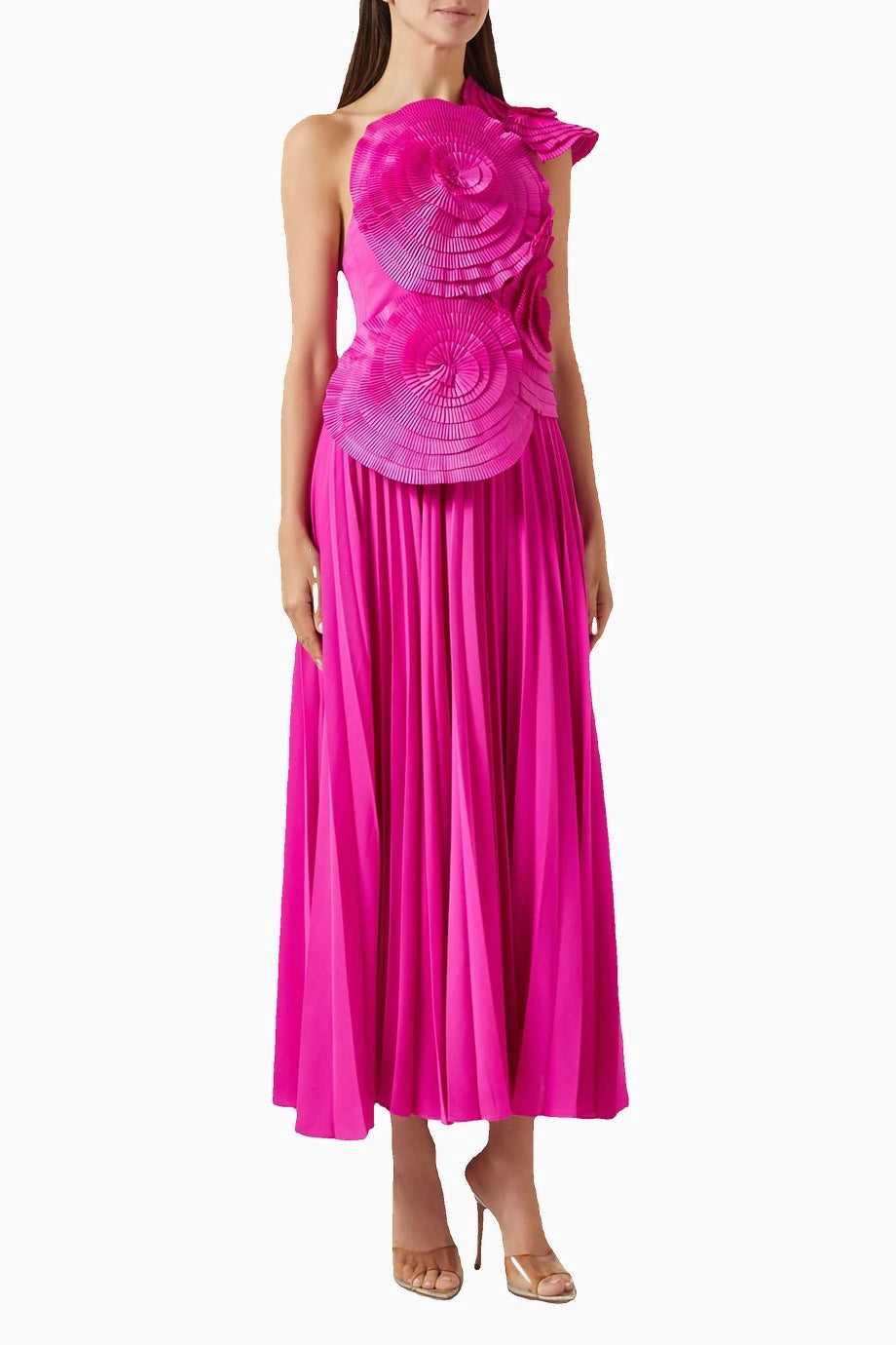 Pembe Trusley Rosette Fırfırlı Abiye Elbise Tek Omuz Dikkat Çekici Tasarım