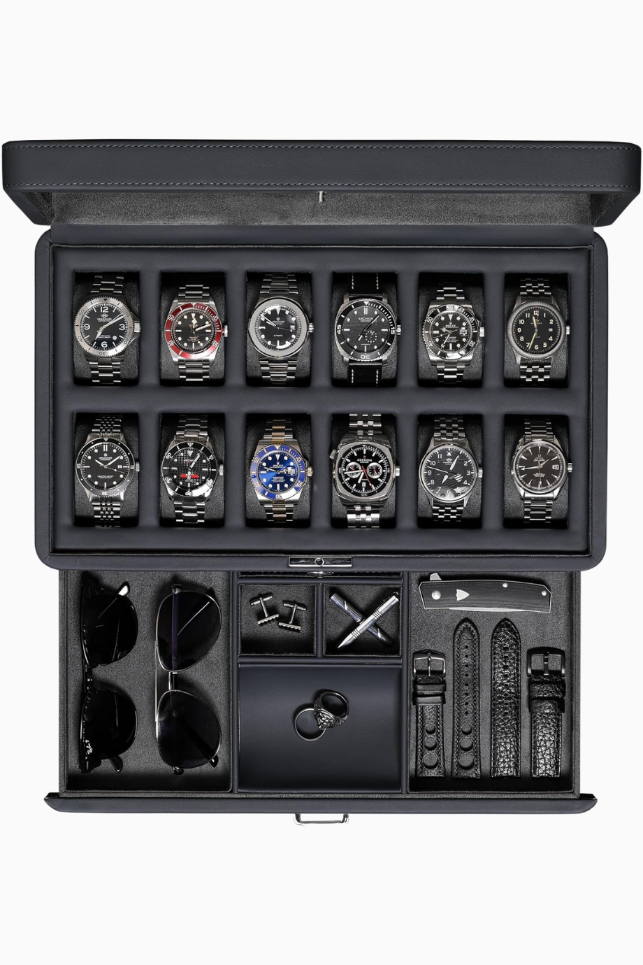 12 Bölmeli Lüks Deri Saat Kutusu, Valet Çekmeceli Takı ve Aksesuar Düzenleyici