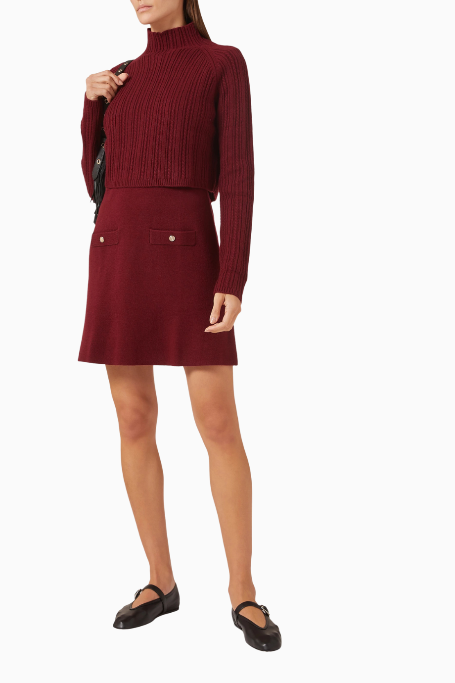 Ritorsa Wool-blend Sweater Dress, Bordo Yüksek Yaka ve Çıkarılabilir Crop Katmanlı