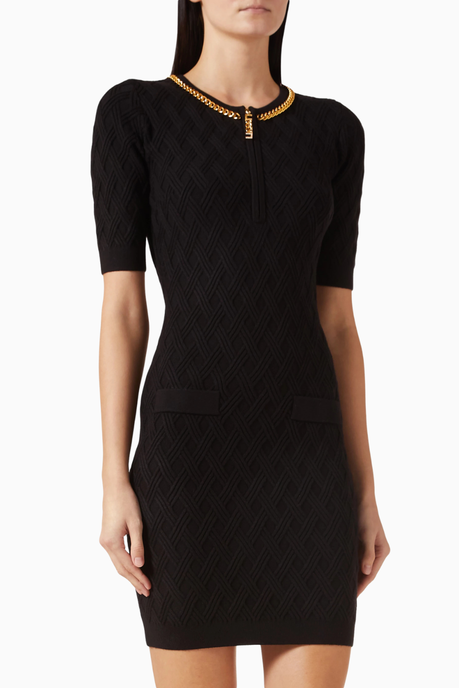 Diamond Trim Jakar Triko, Metal Detaylı Mini Elbise