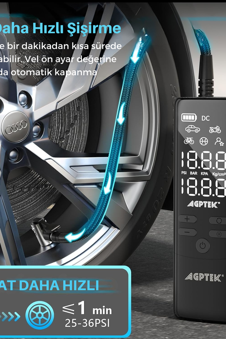Elektrikli Hava Pompası 150 PSI, 75000 mAh, 12V DC, LED Ekran
