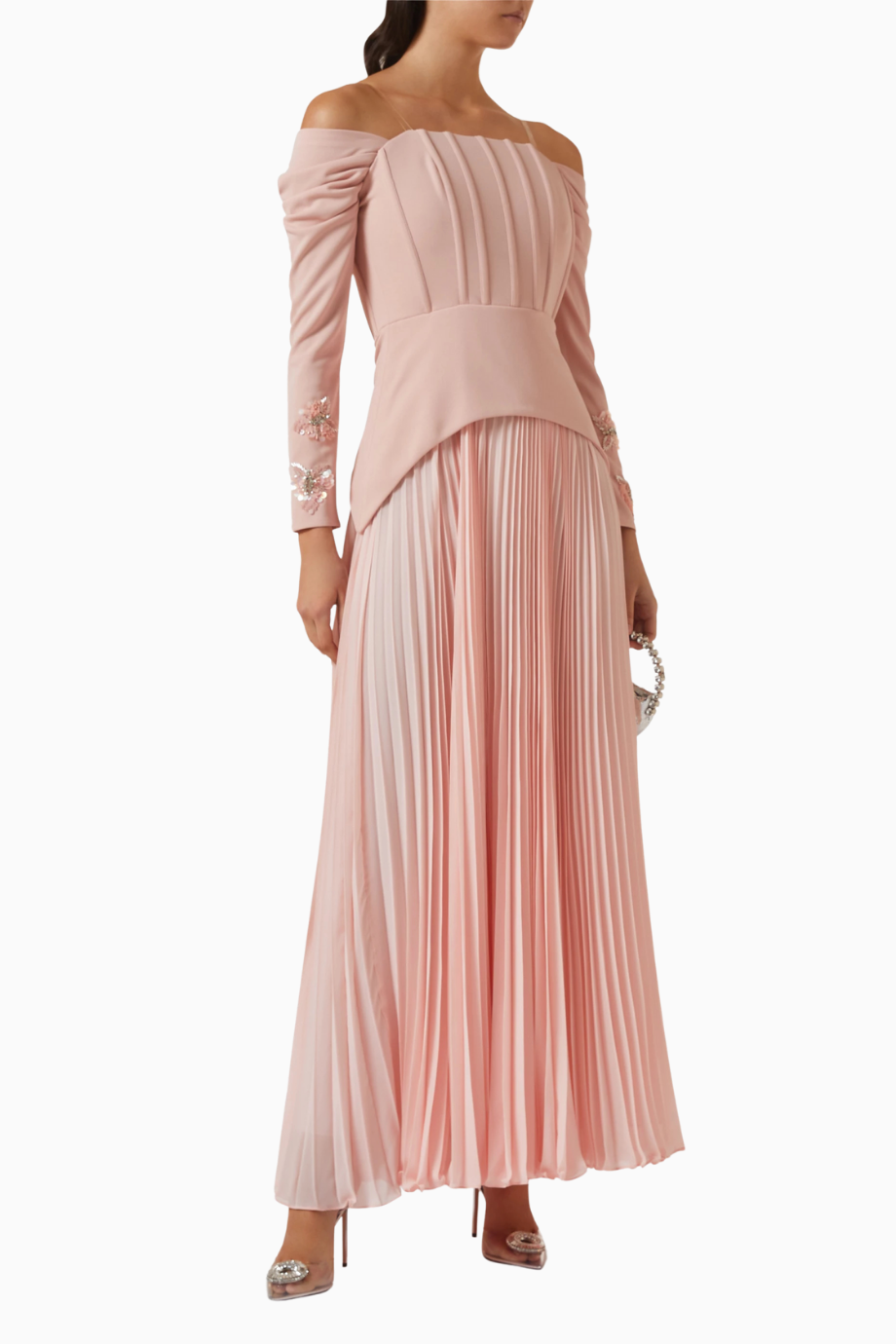 Off-shoulder Pleated Pembe Maxi Kadın Elbise
