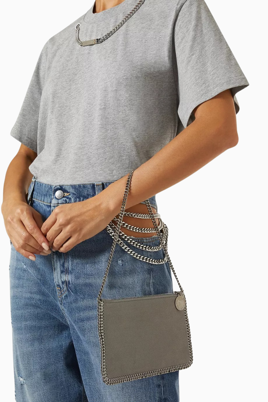 Falabella Shaggy Deer, Gri Vegan Deri Zincir Detaylı Lüks Pochette Omuz Çantası