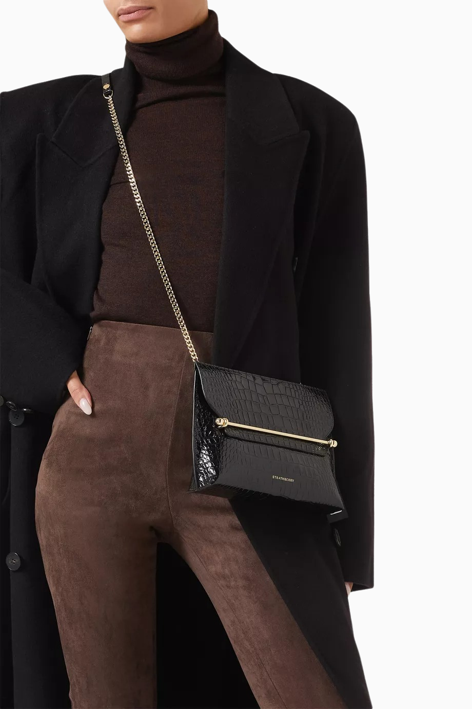 Stylist Crossbody Clutch Siyah Kroko Deri Lüks Çanta, Günlük ve Gece Kullanımı