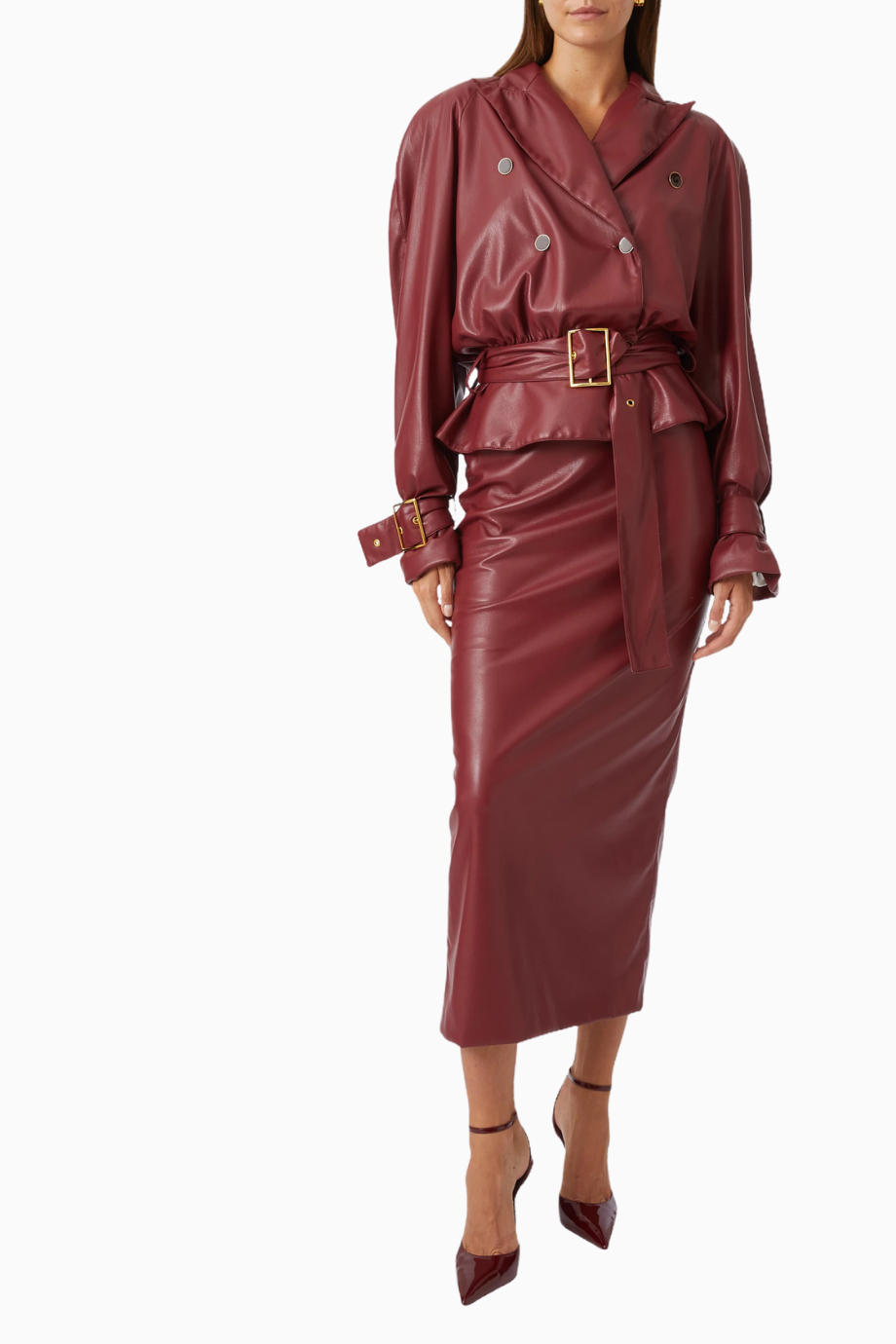 Belted Maxi Skirt, Lüks Koyu Kırmızı Eco Leather Kuşaklı ve Yırtmaçlı Deri Etek