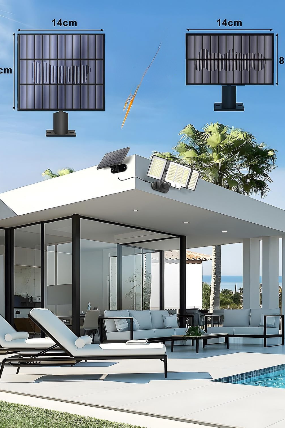 Solar Spotlight 348 LED, Hareket Sensörlü, 3 Modlu, IP67 Su Geçirmez, 270° Açı, Uzaktan Kumandalı